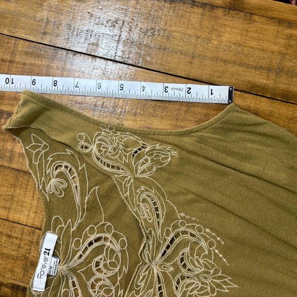 Boho Olive Green Embroidered Mini Dress - Sleeveless, Smocked Waist- M - Picture 9 of 11